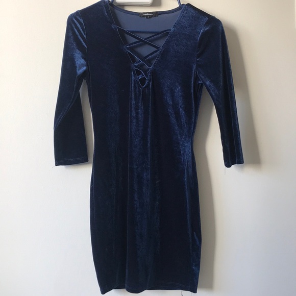 Ambiance Dresses & Skirts - Velvet Dress (Navy, Neck Detail)